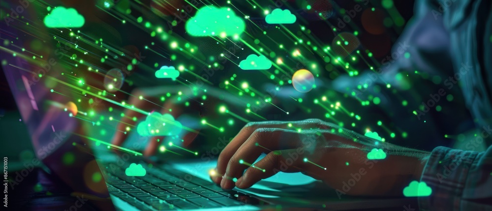 Poster hand typing on laptop with connection cloud computing data transfer