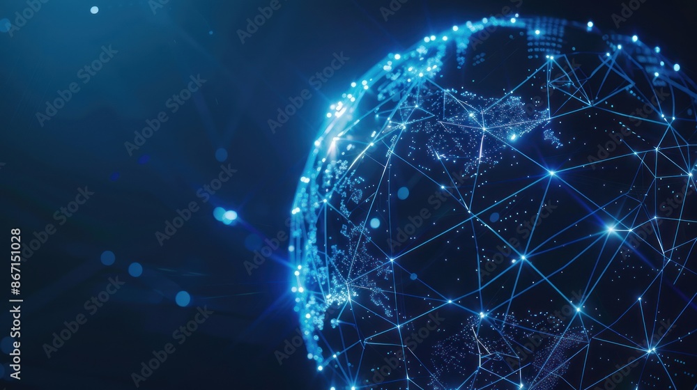 Poster futuristic globe with abstract connected lines and blue neon color on dark background