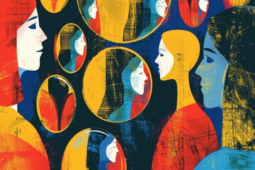 Abstract illustration of people looking into mirrors