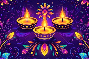 Elegant Illuminated Oil Lit Lamps, beautiful Traditional Festive Indian Background Glowing Ornaments. Festival of Lights, Happy Diwali Celebration. Greeting card for Hindu community holiday Diwali.