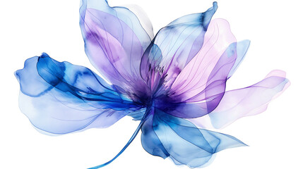 Delicate hand-drawn watercolor flower in blue and violet tones. Alcohol ink art. Raster illustration isolated on a transparent background