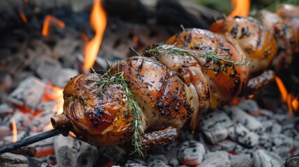 A makeshift spit slowly turning to evenly cook a magnificent whole quail stuffed with fragrant herbs and wrapped in prosciutto.
