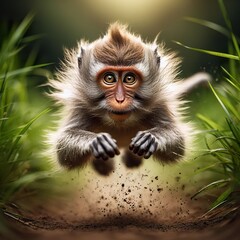 Fototapeta premium High-speed photography of a monkey running fast in the tall grass, motion blur and a fast shutter speed
