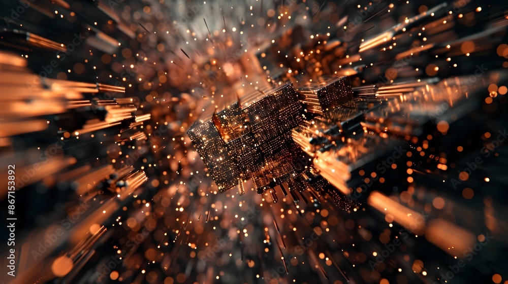 Poster explosive energy burst of glowing sparks and fiery illumination in dynamic motion