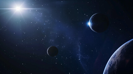 Planets in deep space. Blue star eclipse. Science fiction
