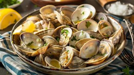 A large bowl of steamed clams still in their shells with melted butter and lemon wedges on the side.