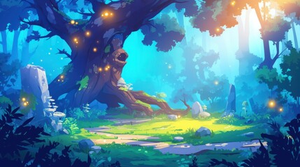 Magical Enchanted Forest with Glowing Fireflies and Sunlight, Fantasy Landscape Illustration