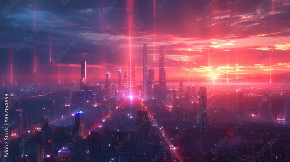 Poster a vibrant cityscape illuminated by pulsating beams of light, where skyscrapers and futuristic buildi