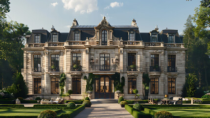Fototapeta premium French chateau with elegant stone and facade manicure