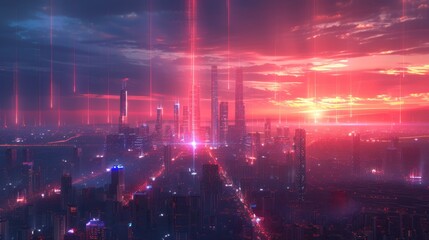 A vibrant cityscape illuminated by pulsating beams of light, where skyscrapers and futuristic buildings are interconnected by streams of glowing seamless connectivity of 5G networks 