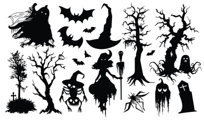 Set of 17 isolated Halloween decorations in silhouette illustration style of witch, skeleton, bat, and haunted tree on transparent background.