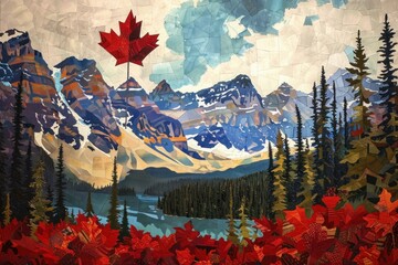 Illustration of a canadian landscape featuring a large red maple leaf and moraine lake, created with a textured paper collage technique