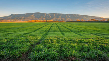 Fototapeta premium Lush green field at sunrise, capturing the freshness of the morning and the beauty of nature.