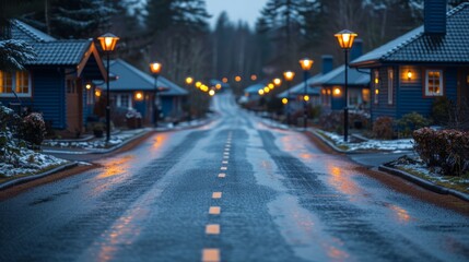 Naklejka premium Street in a winter village with houses and street lamps.