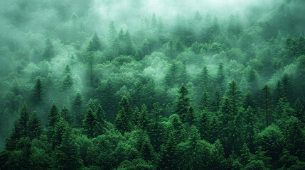 Misty green forest with dense tree coverage, creating a serene and tranquil atmosphere. Ideal for nature and landscape themes.
