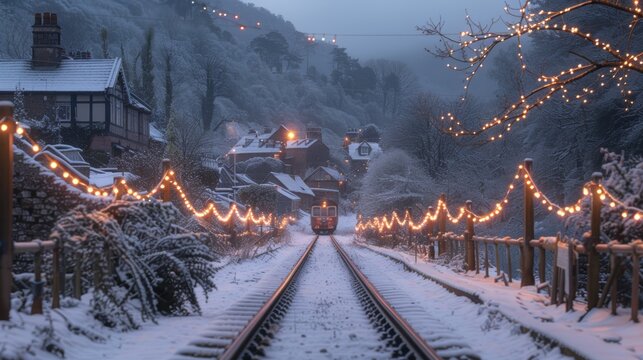 Winter landscape with a train passing through a snowy village with string lights