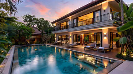 Luxury villa with a beautiful swimming pool  and elegant colors 