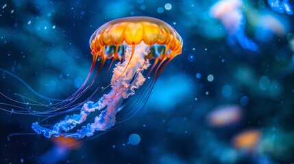 Jellyfish swimming gracefully under a vividly lit water surface, bright colors, detailed textures, tranquil and beautiful underwater view