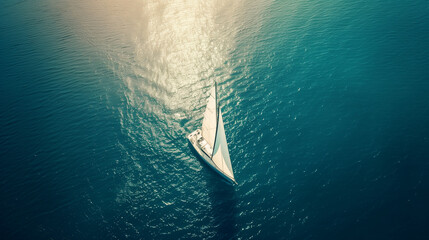 Obraz premium Aerial view of a white sailboat in the open ocean