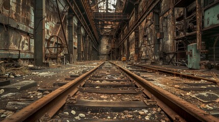Old industrial plant interior, deserted railway tracks, abandoned and empty, rusted equipment, eerie and exciting, detailed decay