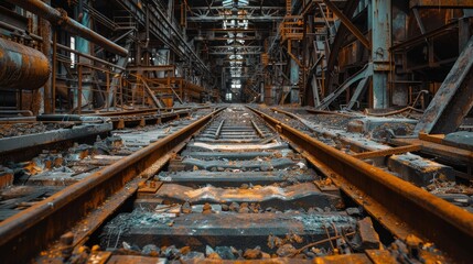 Old industrial plant interior, deserted railway tracks, abandoned and empty, rusted equipment, eerie and exciting, detailed decay