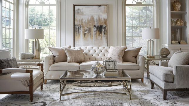 Picture a living space with transitional charm, featuring a neutral palette of warm taupe and cool ivory. 