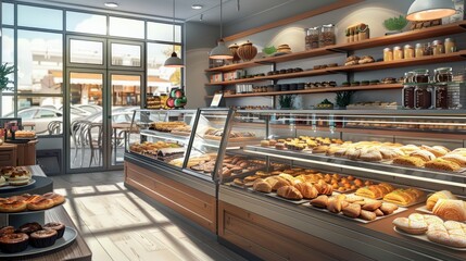 Display case of pastries in modern shop interior