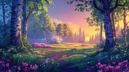 Enchanted Forest at Sunset. Vibrant landscape with lush green grass, wildflowers, and magical trees.