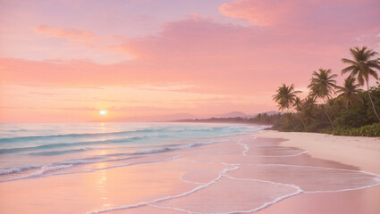 A pink and orange sunset over a sandy beach with palm trees