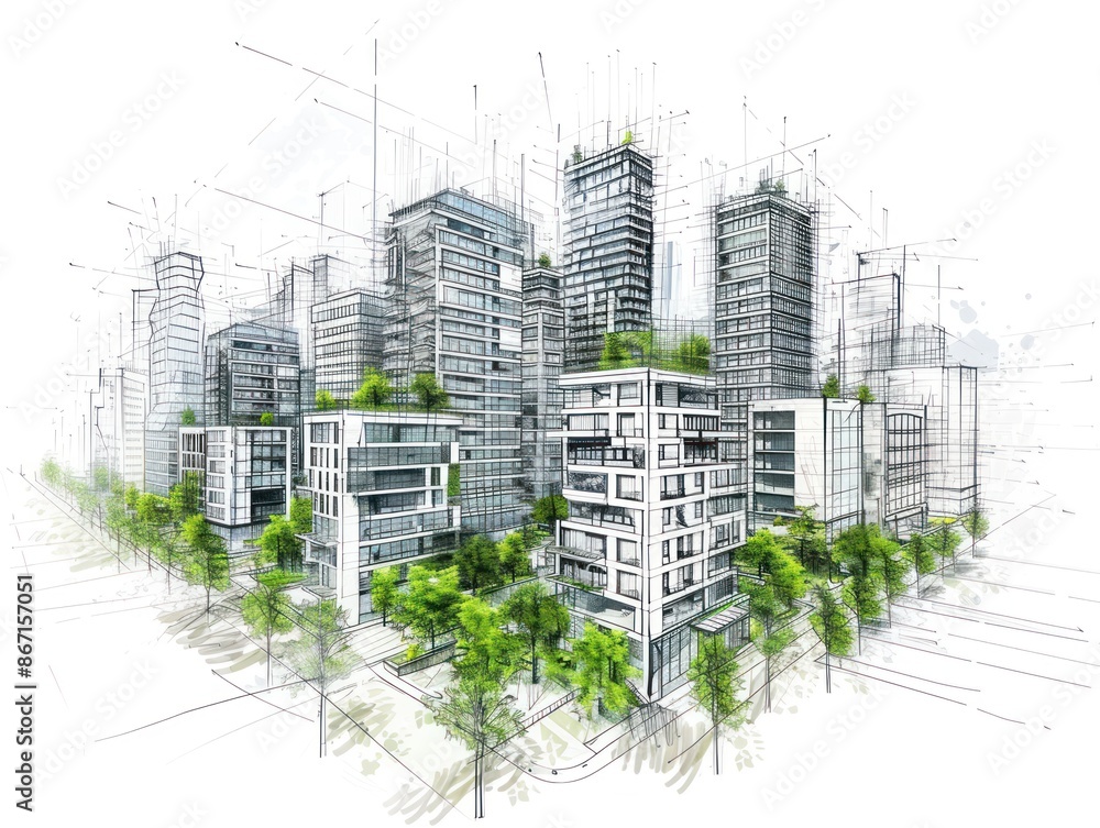 Poster drawing 3d architecture city building sketch lines with green tree on white background