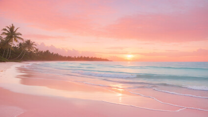 A pink and orange sunset over a sandy beach with palm trees