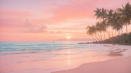 A pink and orange sunset over a sandy beach with palm trees