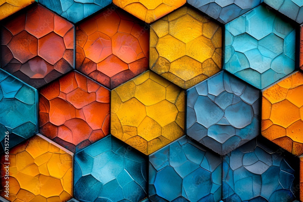 Poster a honeycomb pattern with hexagons in different colors and sizes, creating an interlocking effect