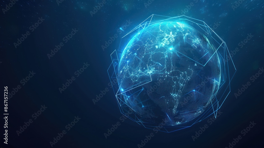 Poster futuristic globe with abstract connected lines and blue neon color isolated on dark background