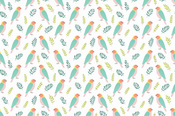 可愛いインコと葉のシームレスパターン、白背景
