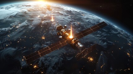 A constellation of satellites orbiting around Earth, emitting beams of light that converge on a central point, demonstrating the interconnectedness and coverage of global communication systems 