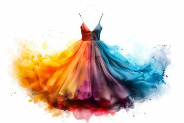 Vibrant watercolor gradient dress with flowing colors on a white background, showcasing artistic fashion and creativity.
