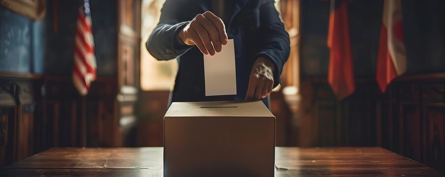 Person dropping a ballot into the ballot box with a flag in the background
