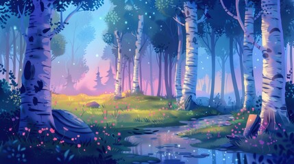 Fototapeta premium Enchanting Birch Forest at Twilight. A Serene Landscape Painting