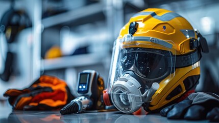 Fototapeta premium Close-Up View of High-Tech Mining Safety Equipment Including Helmets, Protective Gloves, and Gas Detectors Laid Out on a Table