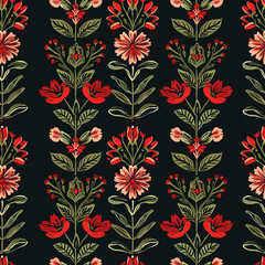 Elegant floral pattern with red and pink flowers and green leaves on a black background. The design has a traditional, ornamental feel with symmetrical arrangements and intricate details.