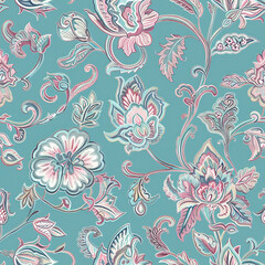 Pastel floral pattern with stylized flowers and leaves in pink, blue, and green on a teal background. The design has a delicate, intricate look with a soft, whimsical charm.