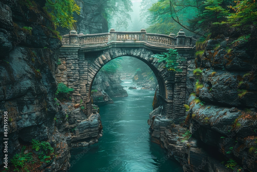 Poster a bridge spanning between two cliffs, symbolizing overcoming challenges and reaching business goals