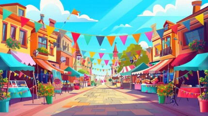 Vibrant street market illustration with colorful flags and awnings. Perfect for summer festival, farmers market, or community event concepts.