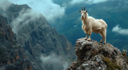 Fototapeta premium White Goat Standing on Mountain Clifftop With Clouds and Mist