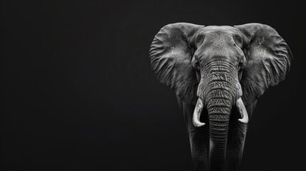 Majestic elephant head in black and white, detailed texture, black background, high contrast, striking and elegant composition