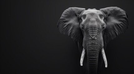 Obraz premium Majestic elephant head in black and white, detailed texture, black background, high contrast, striking and elegant composition
