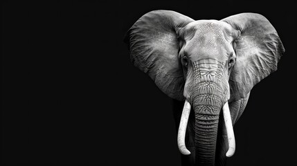 Majestic elephant head in black and white, detailed texture, black background, high contrast, striking and elegant composition