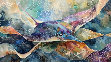 Watercolor art of a stingray, flowing lines, vibrant hues, detailed textures, serene and tranquil underwater scene, artistic and elegant