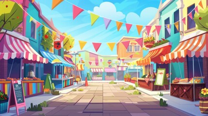 Vibrant, colorful illustration of a cheerful town street fair with market stalls and festive decorations. Concept of community, celebration, summer, and local market.